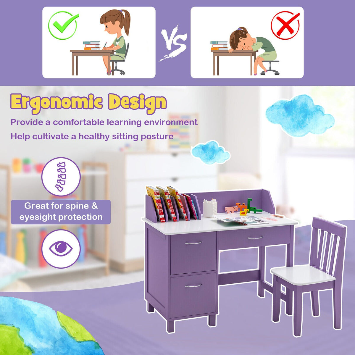 Kids Wooden Writing Furniture Set with Drawer and Storage Cabinet-Purple view 5