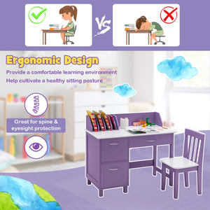 Kids Wooden Writing Furniture Set with Drawer and Storage Cabinet-Purple view 5