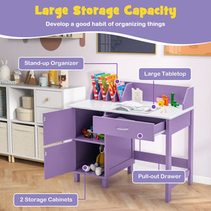 Kids Wooden Writing Furniture Set with Drawer and Storage Cabinet-Purple view 7