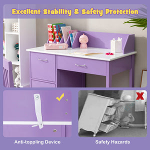 Kids Wooden Writing Furniture Set with Drawer and Storage Cabinet-Purple view 8