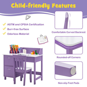 Kids Wooden Writing Furniture Set with Drawer and Storage Cabinet-Purple view 9
