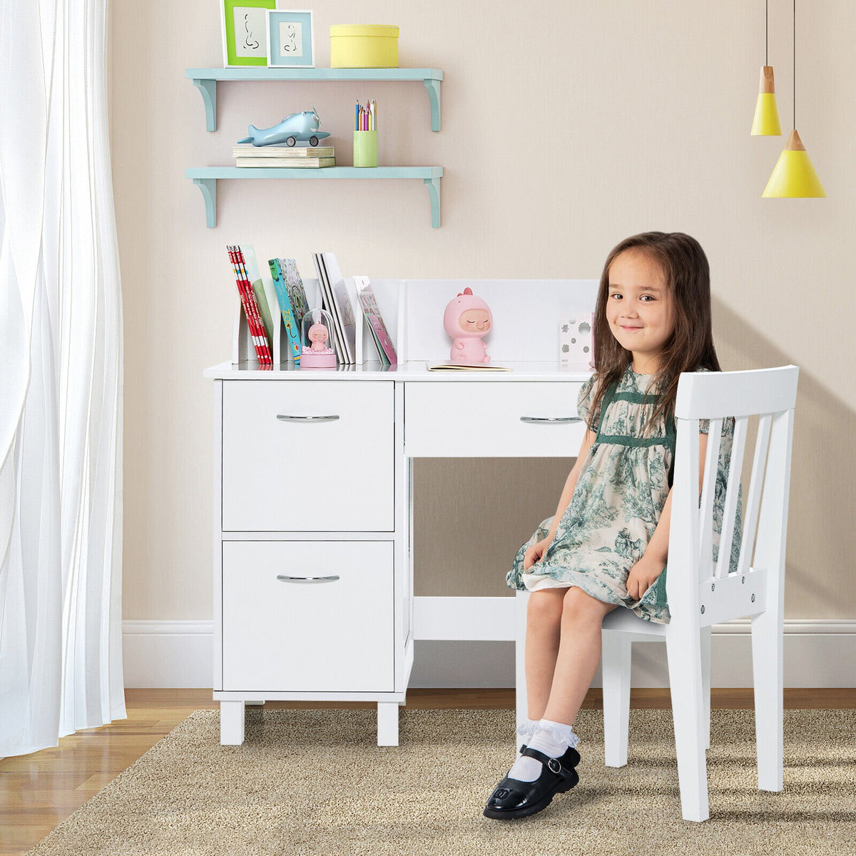 Kids Wooden Writing Furniture Set with Drawer and Storage Cabinet-White view 2