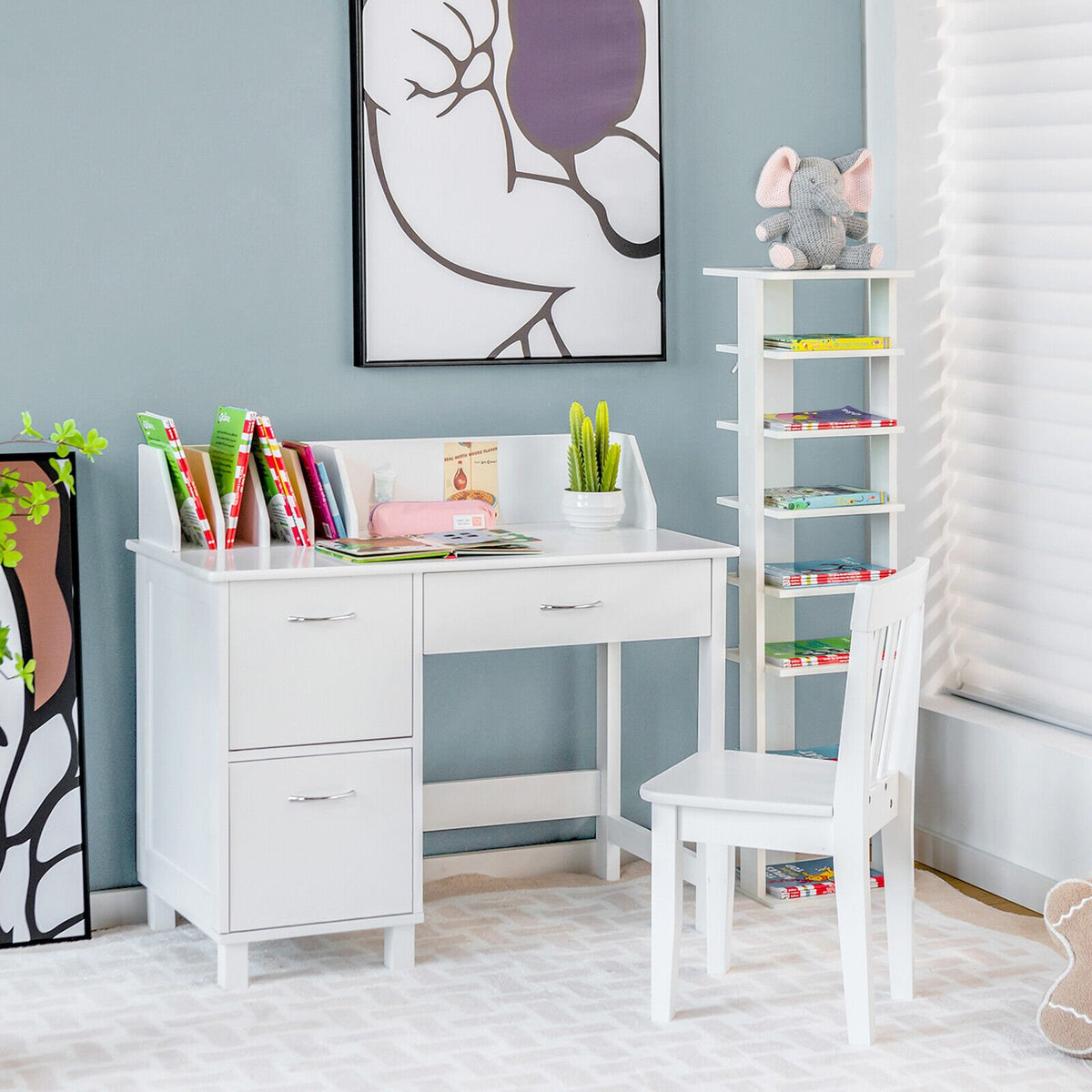 Kids Wooden Writing Furniture Set with Drawer and Storage Cabinet-White view 3