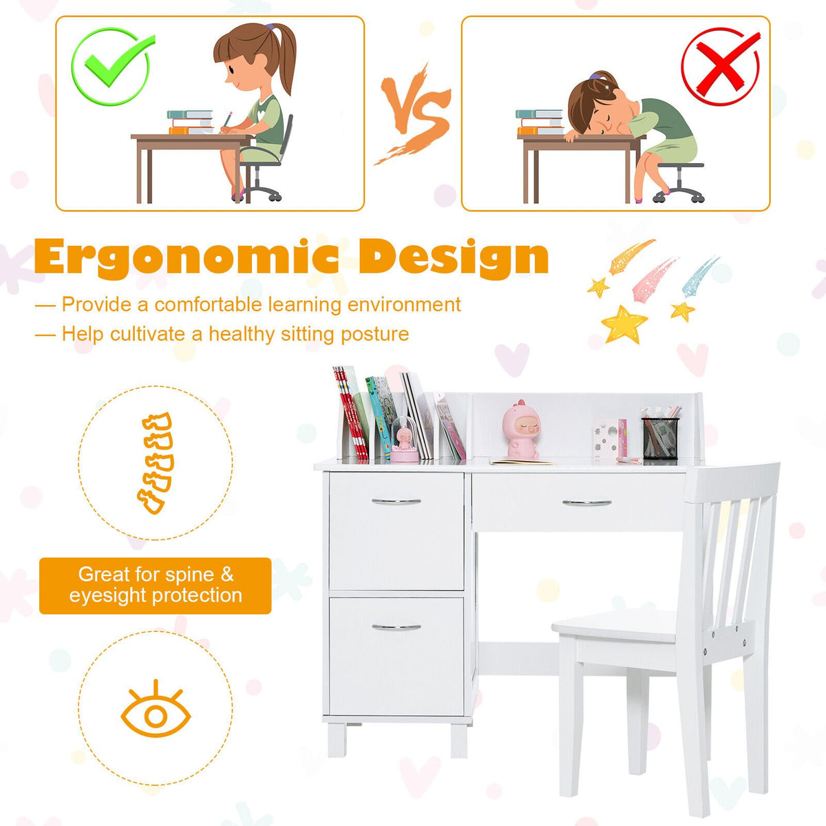 Kids Wooden Writing Furniture Set with Drawer and Storage Cabinet-White view 6