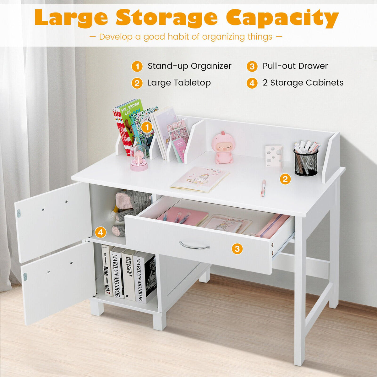Kids Wooden Writing Furniture Set with Drawer and Storage Cabinet-White view 7