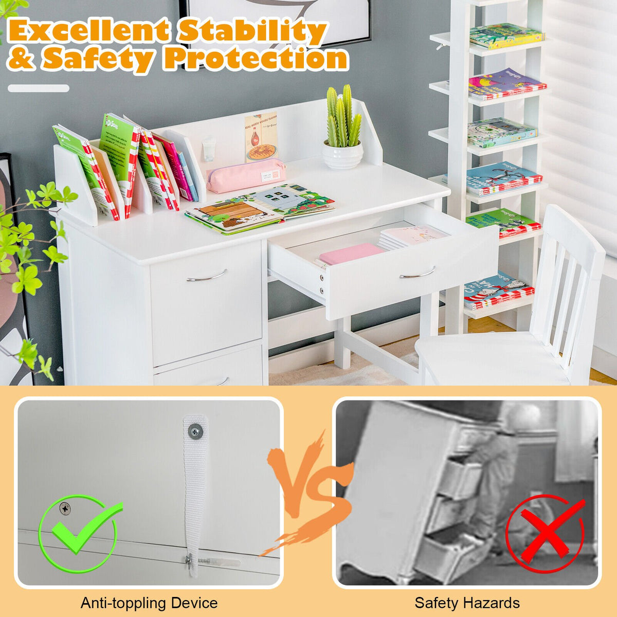 Kids Wooden Writing Furniture Set with Drawer and Storage Cabinet-White view 8