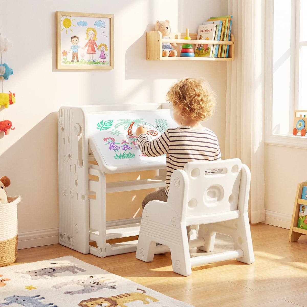 Kids Writing Desk and Chair Set with Side Bookshelves-White view 2