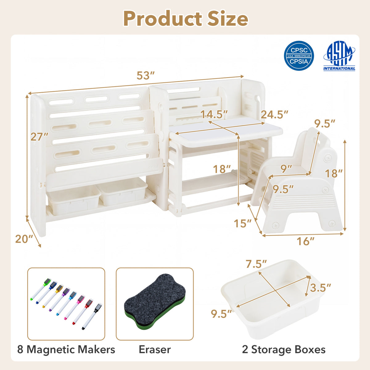 Kids Writing Desk and Chair Set with Side Bookshelves-White view 3