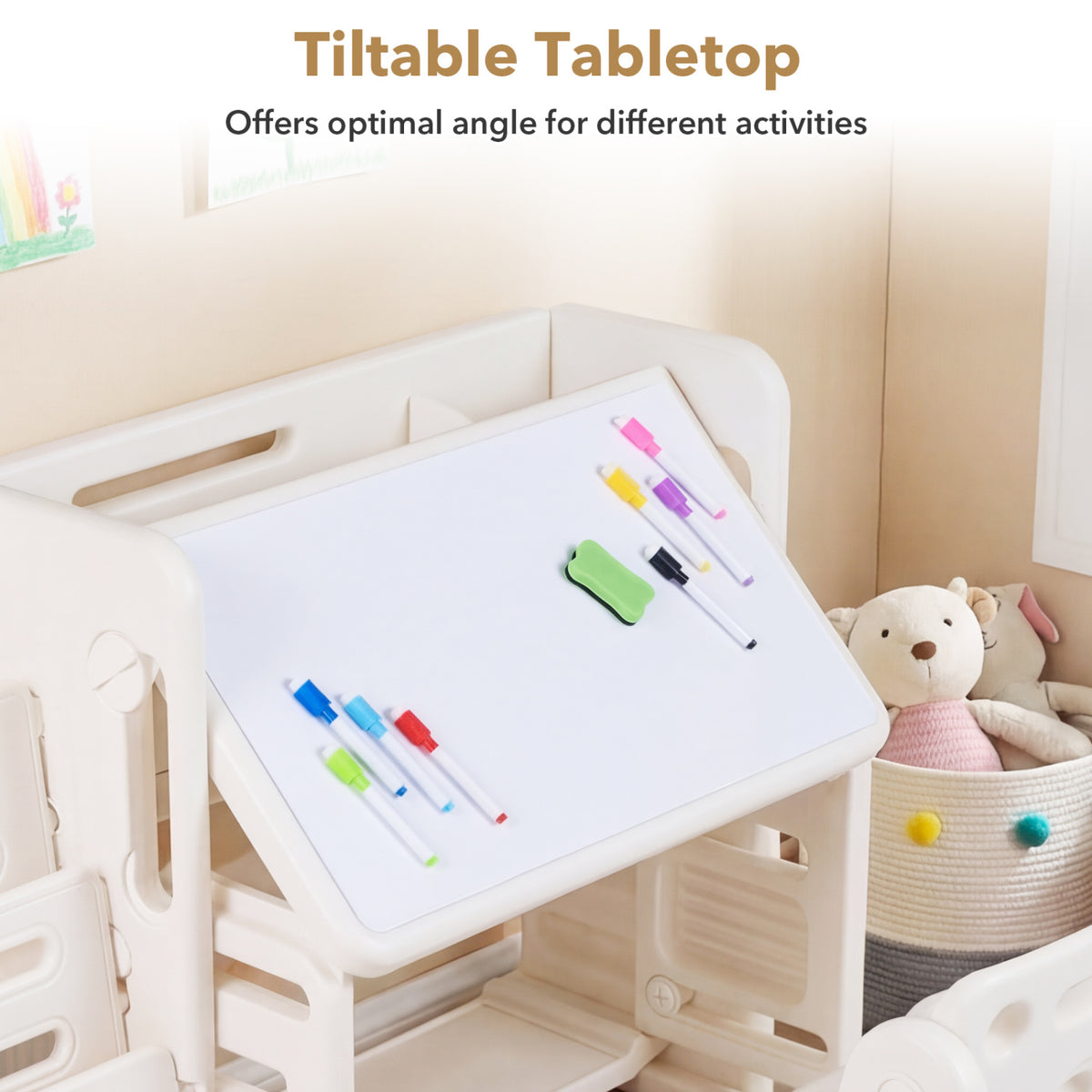 Kids Writing Desk and Chair Set with Side Bookshelves-White view 5