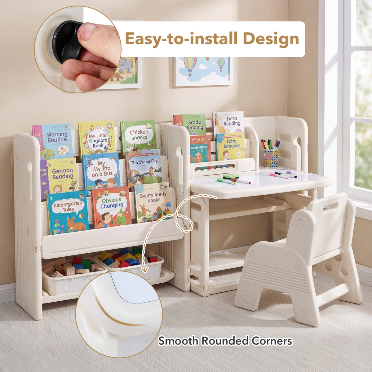 Kids Writing Desk and Chair Set with Side Bookshelves-White view 8