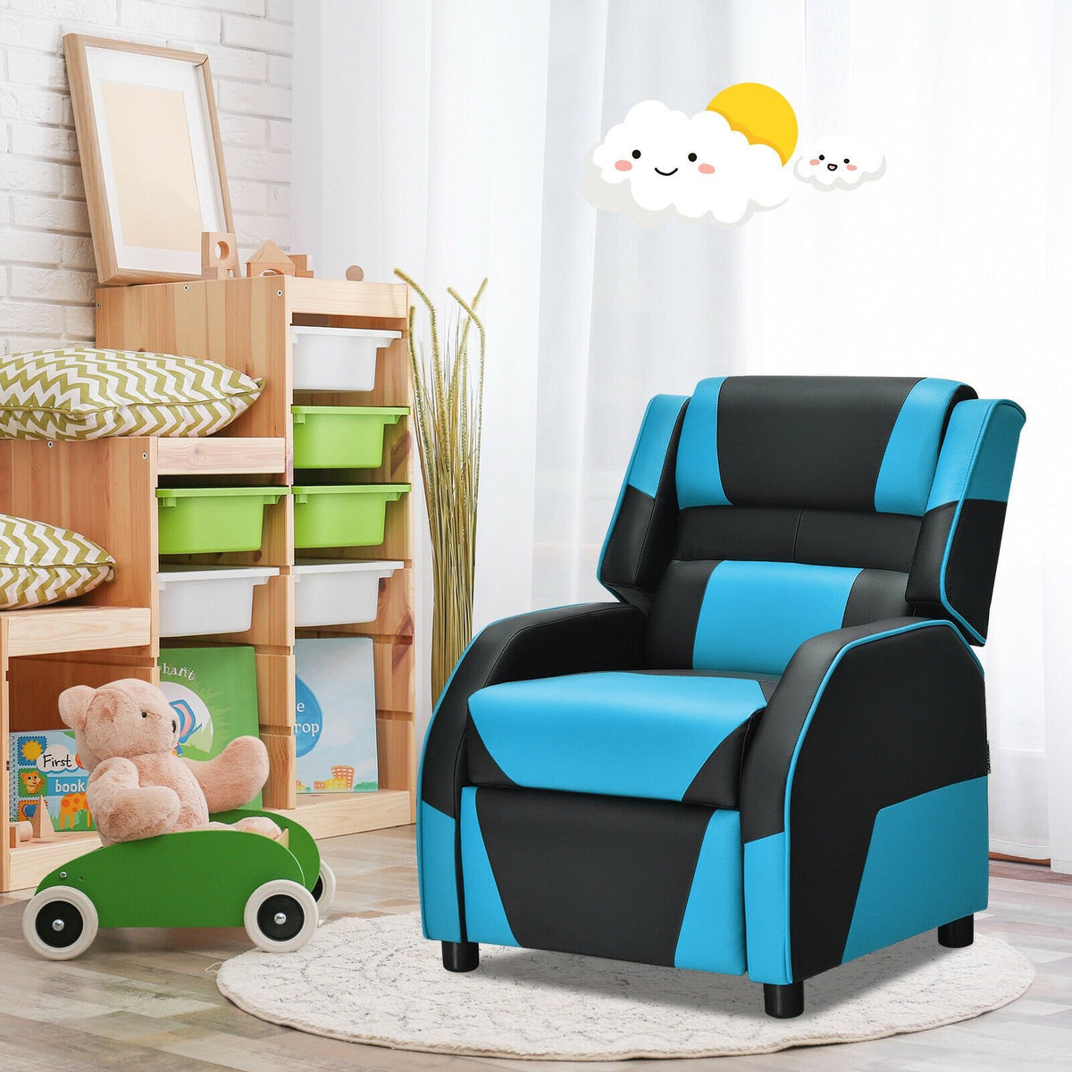Kids Youth PU Leather Gaming Sofa Recliner with Headrest and Footrest-Blue view 2