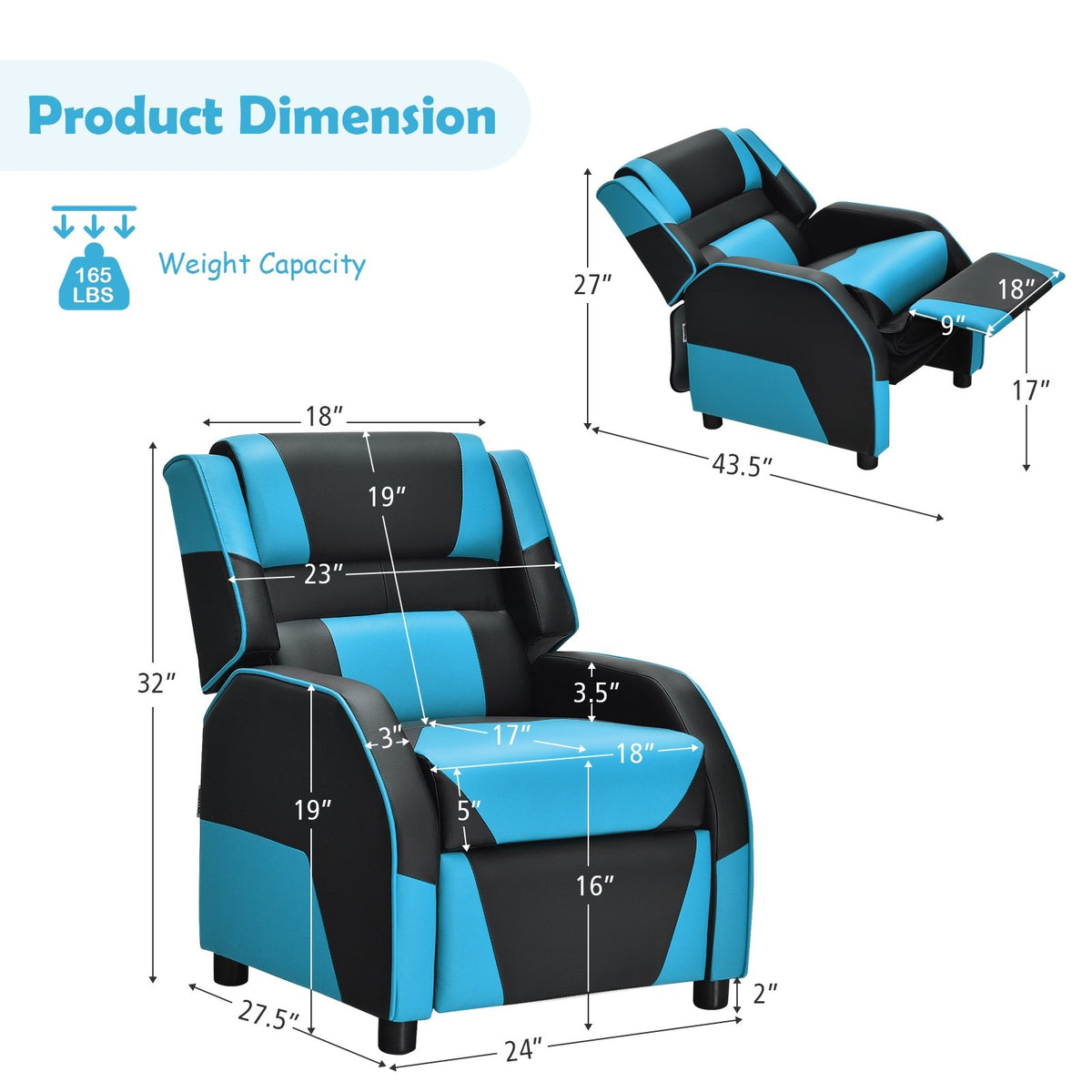 Kids Youth PU Leather Gaming Sofa Recliner with Headrest and Footrest-Blue view 5
