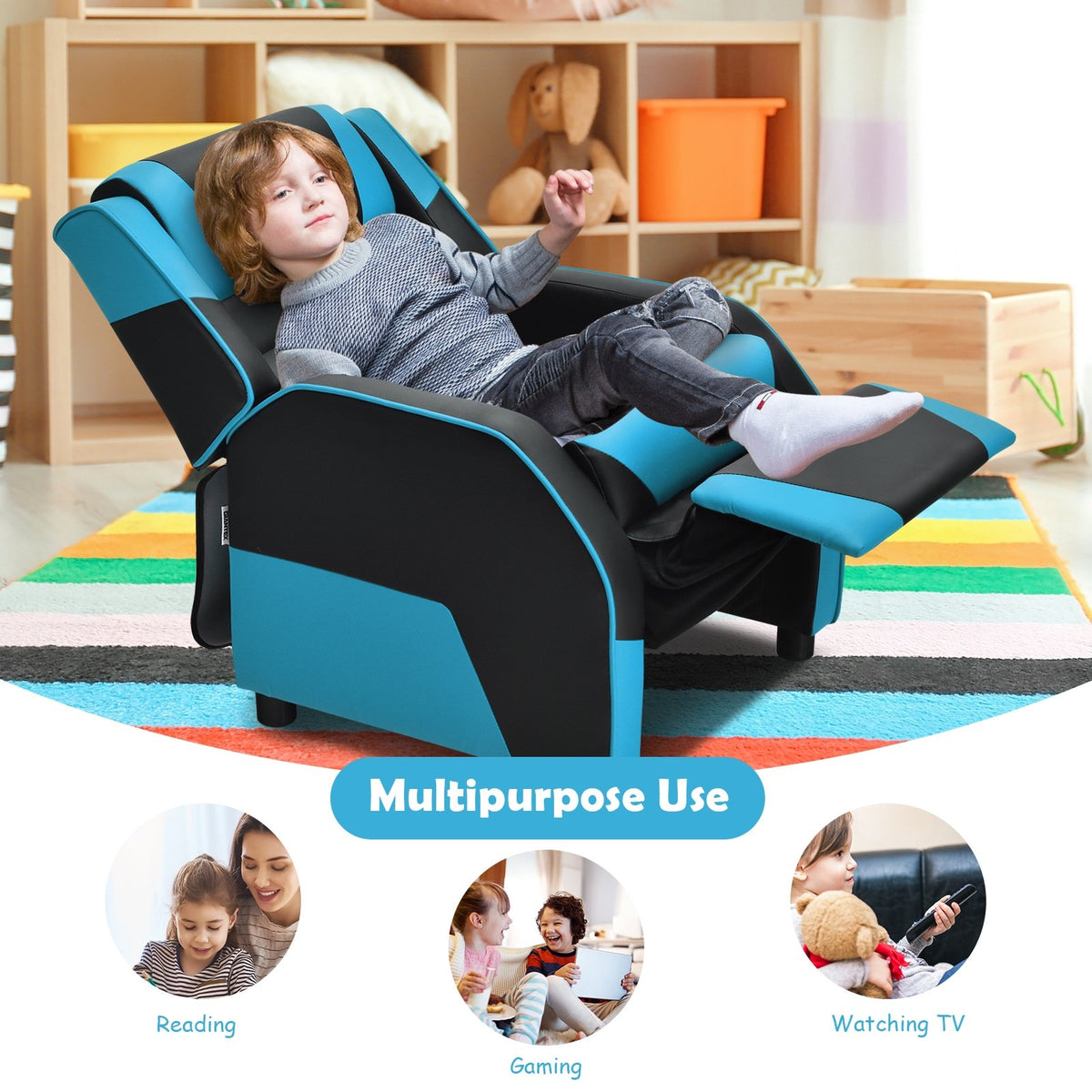 Kids Youth PU Leather Gaming Sofa Recliner with Headrest and Footrest-Blue view 6