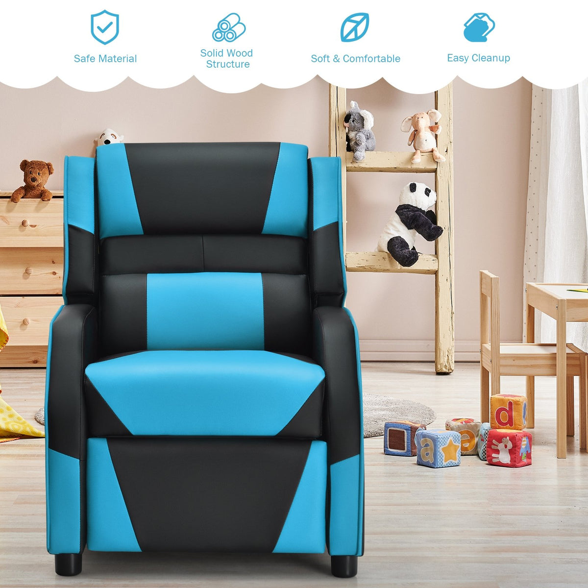 Kids Youth PU Leather Gaming Sofa Recliner with Headrest and Footrest-Blue view 7