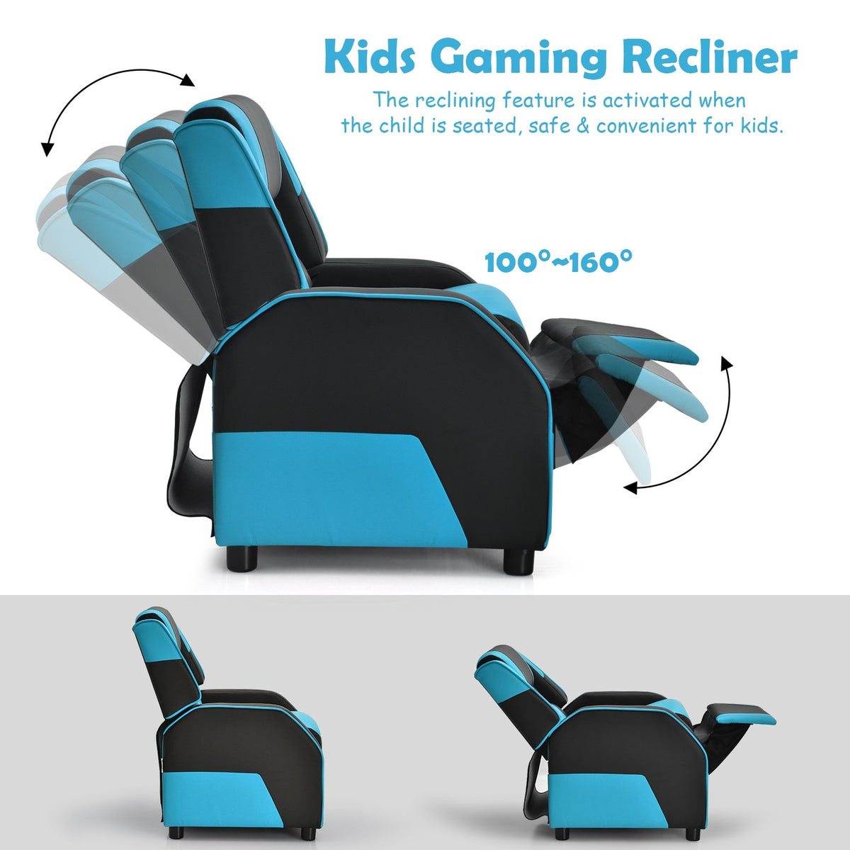 Kids Youth PU Leather Gaming Sofa Recliner with Headrest and Footrest-Blue view 9