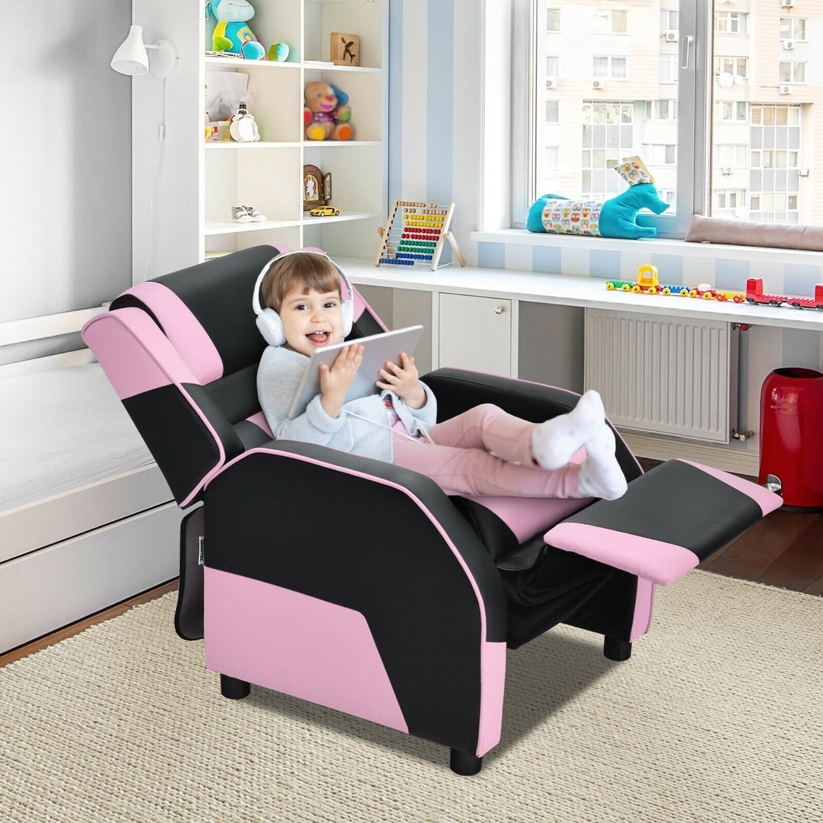 Kids Youth PU Leather Gaming Sofa Recliner with Headrest and Footrest-Pink view 2