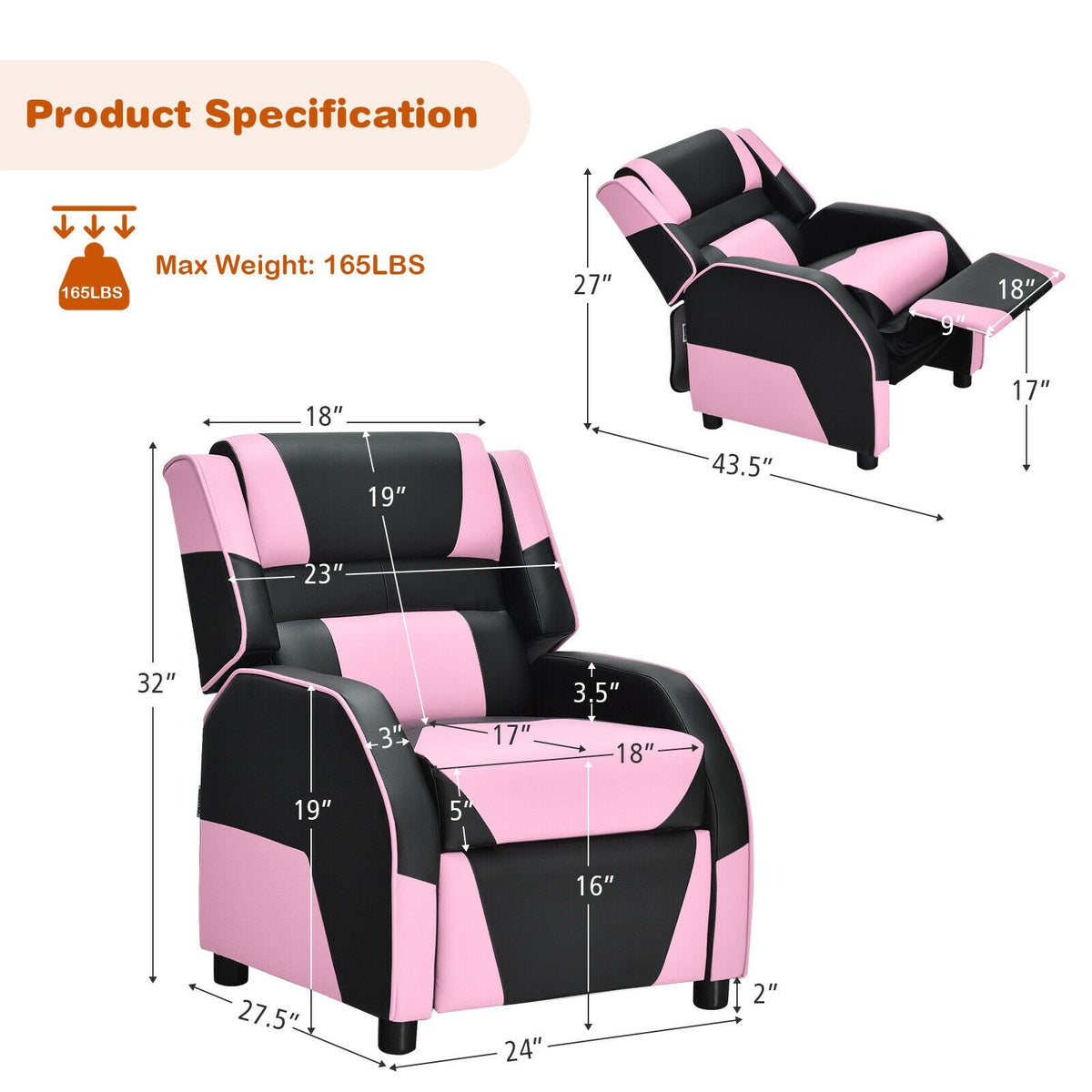 Kids Youth PU Leather Gaming Sofa Recliner with Headrest and Footrest-Pink view 4