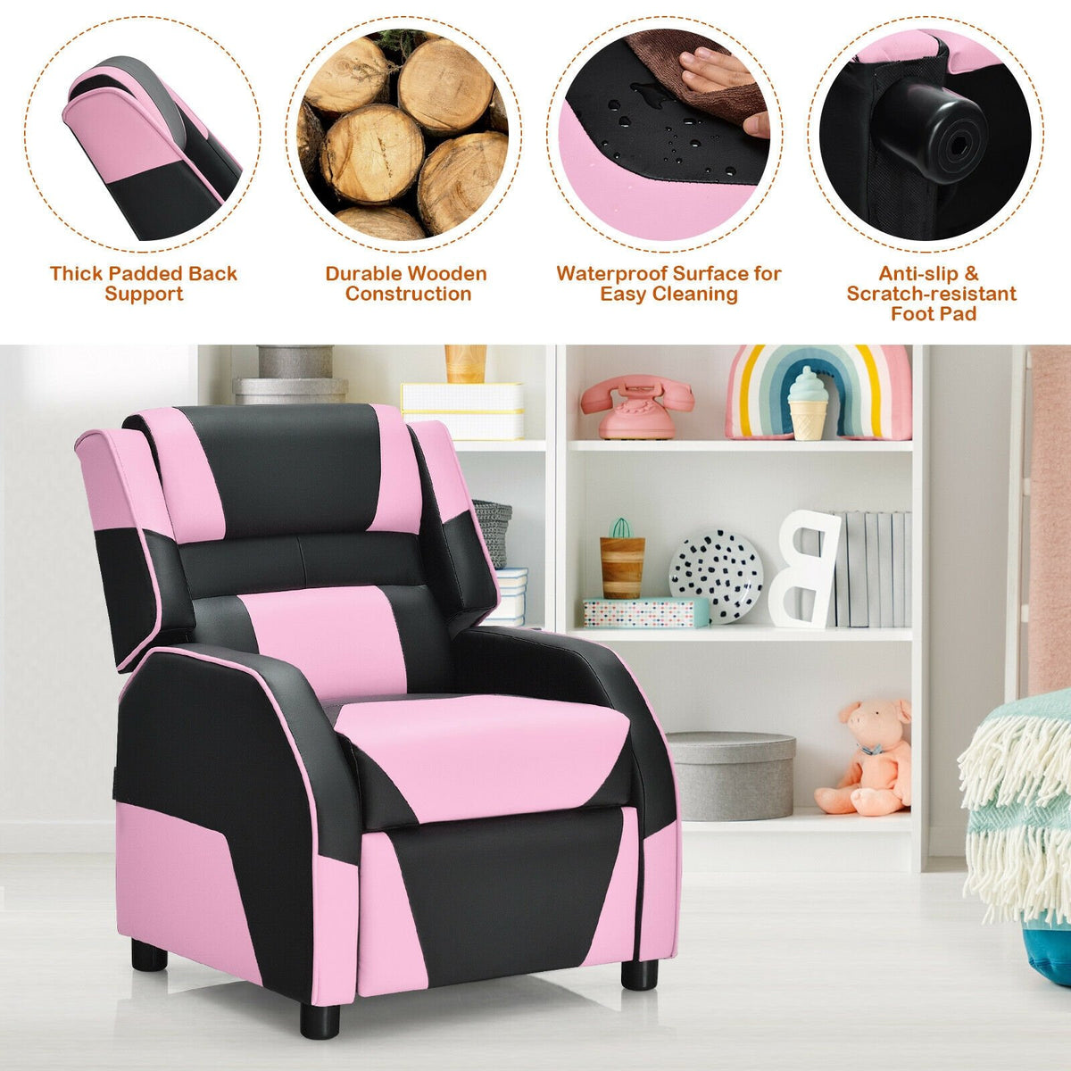 Kids Youth PU Leather Gaming Sofa Recliner with Headrest and Footrest-Pink view 5