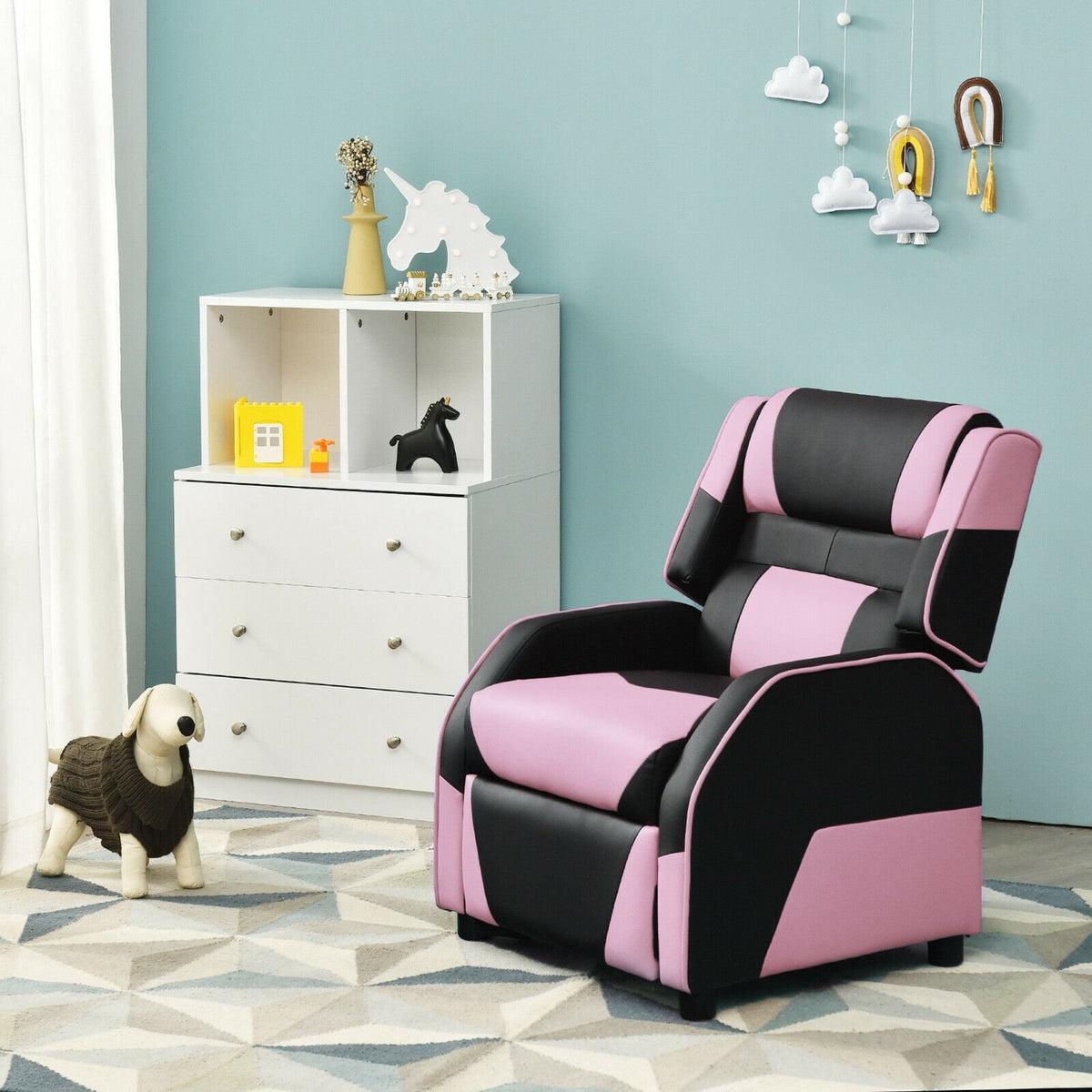 Kids Youth PU Leather Gaming Sofa Recliner with Headrest and Footrest-Pink view 6