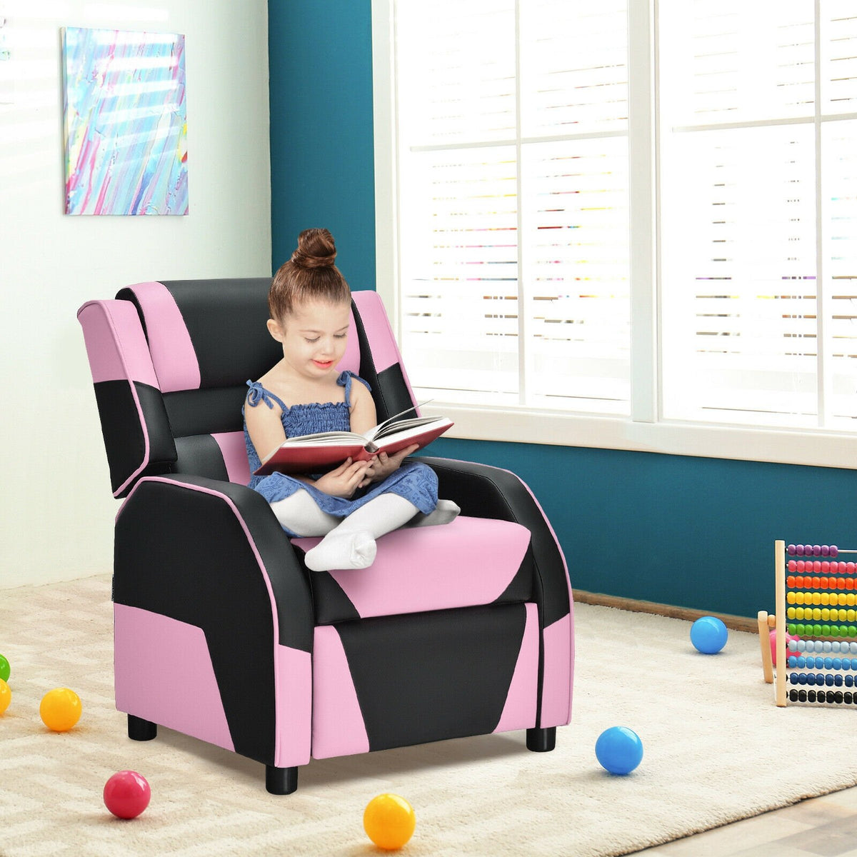 Kids Youth PU Leather Gaming Sofa Recliner with Headrest and Footrest-Pink view 7