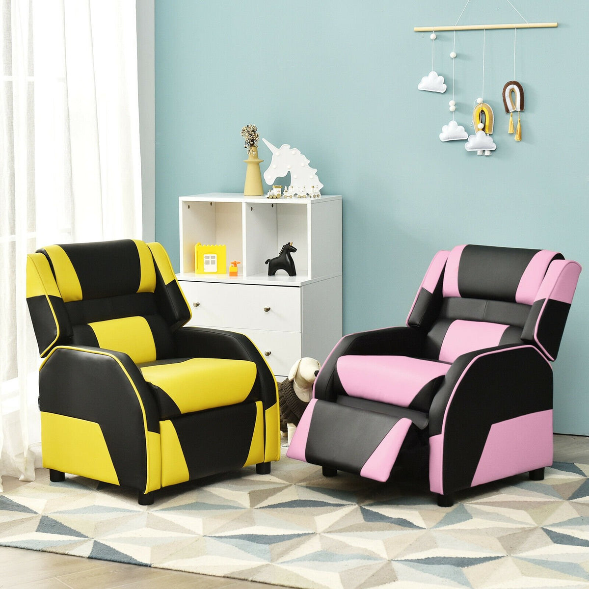 Kids Youth PU Leather Gaming Sofa Recliner with Headrest and Footrest-Pink view 9