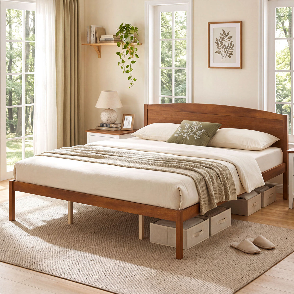 King Size Wooden Platform Bed Frame with Curved Headboard-Walnut view 2