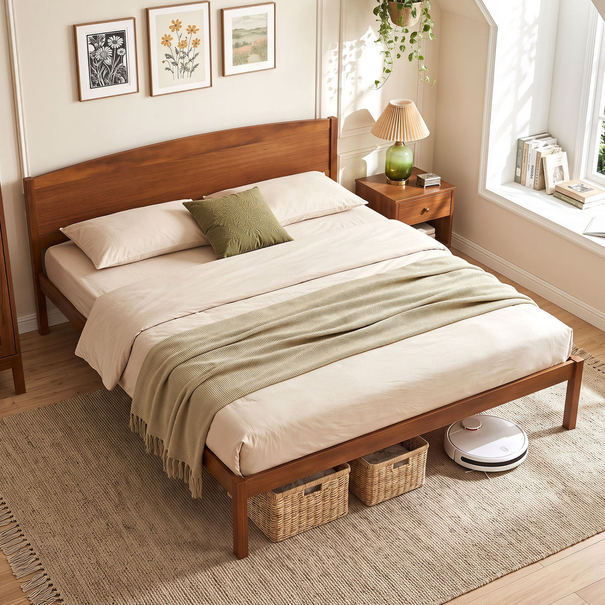 King Size Wooden Platform Bed Frame with Curved Headboard-Walnut view 3