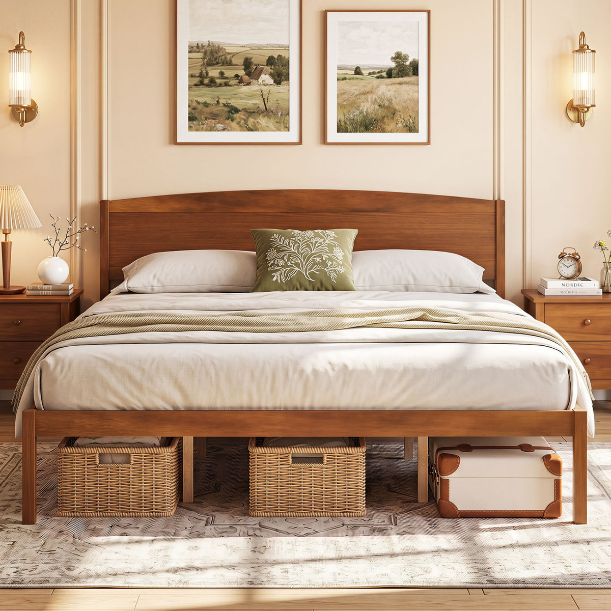 King Size Wooden Platform Bed Frame with Curved Headboard-Walnut view 5