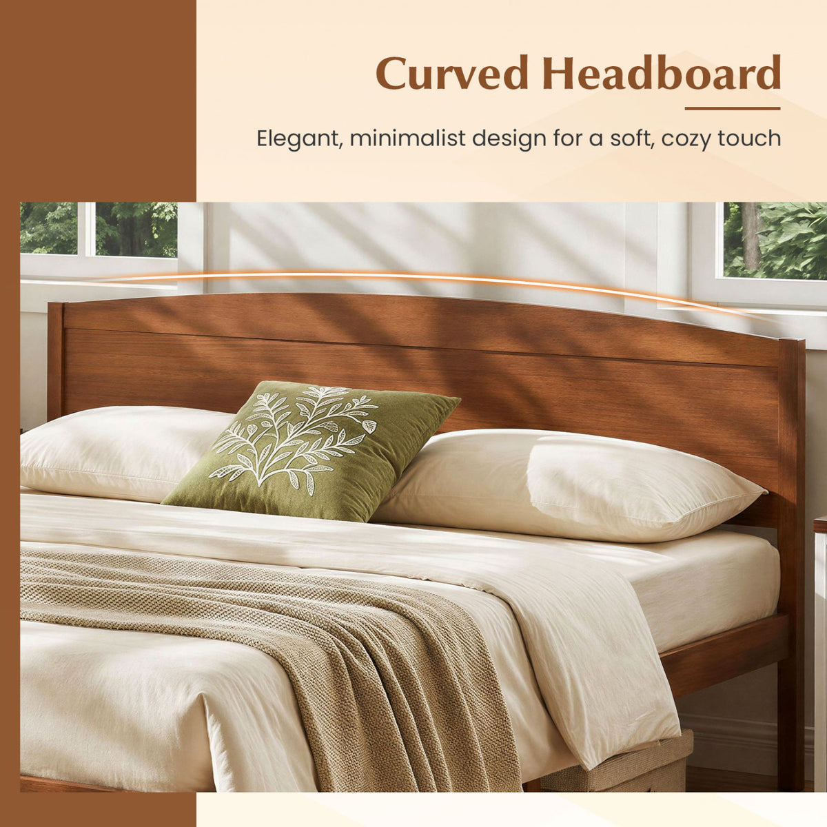 King Size Wooden Platform Bed Frame with Curved Headboard-Walnut view 6