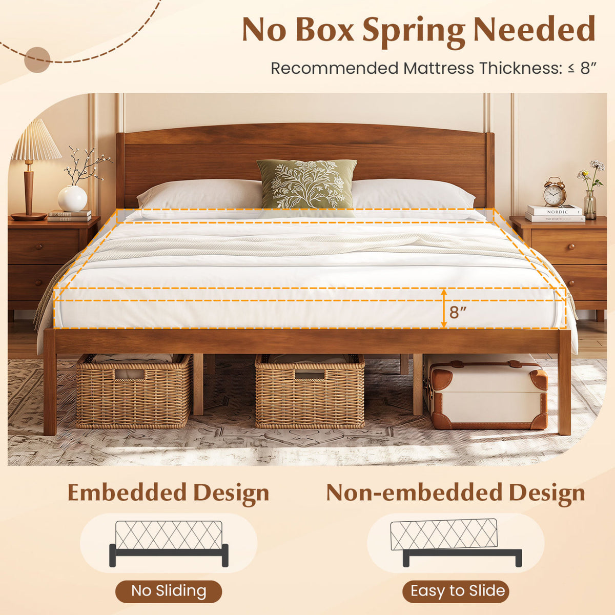 King Size Wooden Platform Bed Frame with Curved Headboard-Walnut view 8