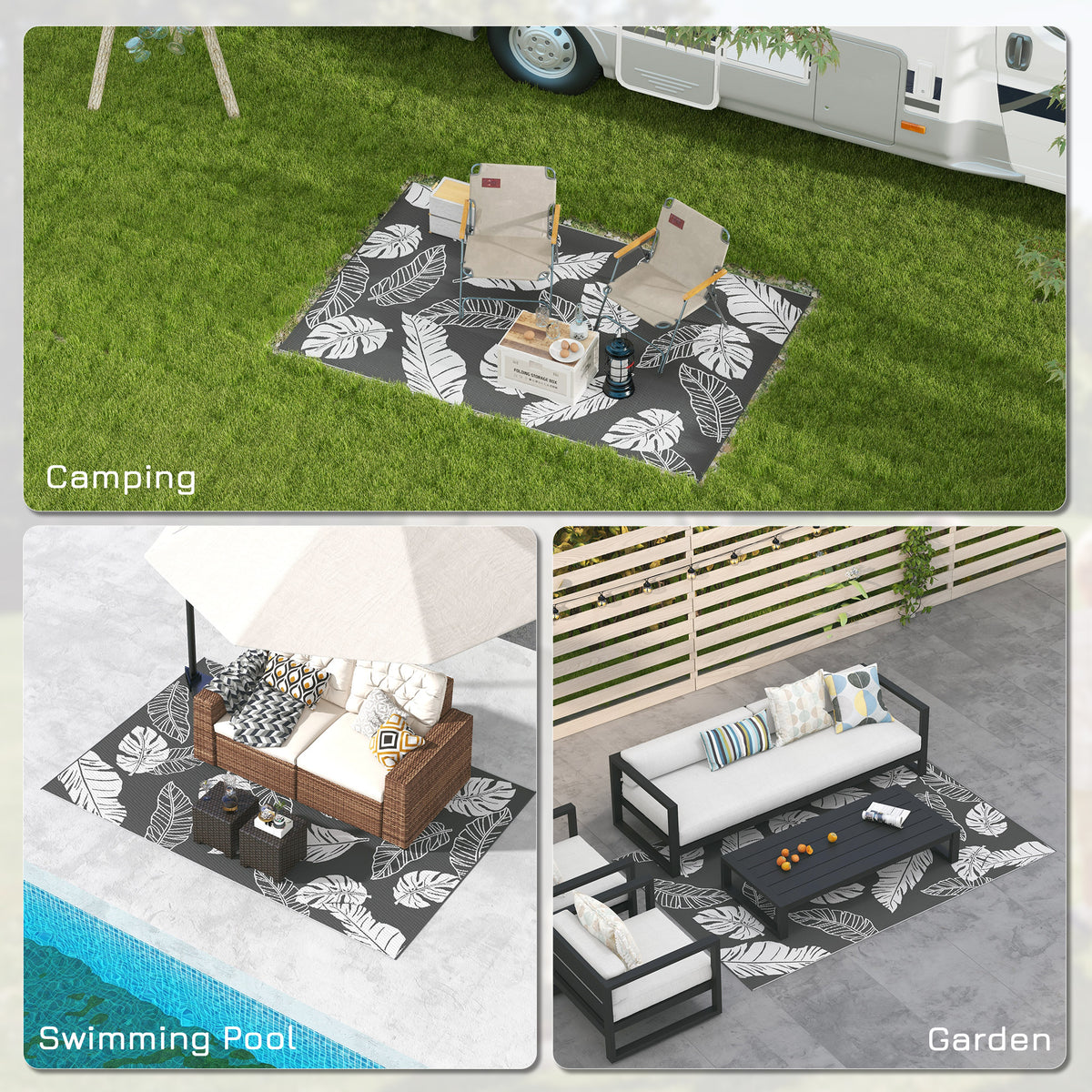 Reversible Outdoor RV Rug, Patio Floor Mat, 6' x 9' Plastic Rug for Backyard, Deck, Beach, Camping, Grey and White