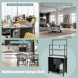 Kitchen Bakers Rack Freestanding Wine Rack Table with Glass Holder and Drawer-Black view 3