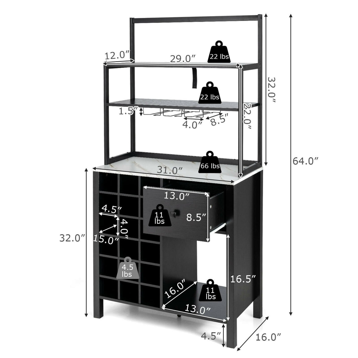 Kitchen Bakers Rack Freestanding Wine Rack Table with Glass Holder and Drawer-Black view 4