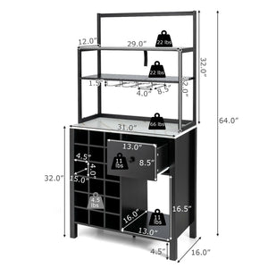 Kitchen Bakers Rack Freestanding Wine Rack Table with Glass Holder and Drawer-Black view 4
