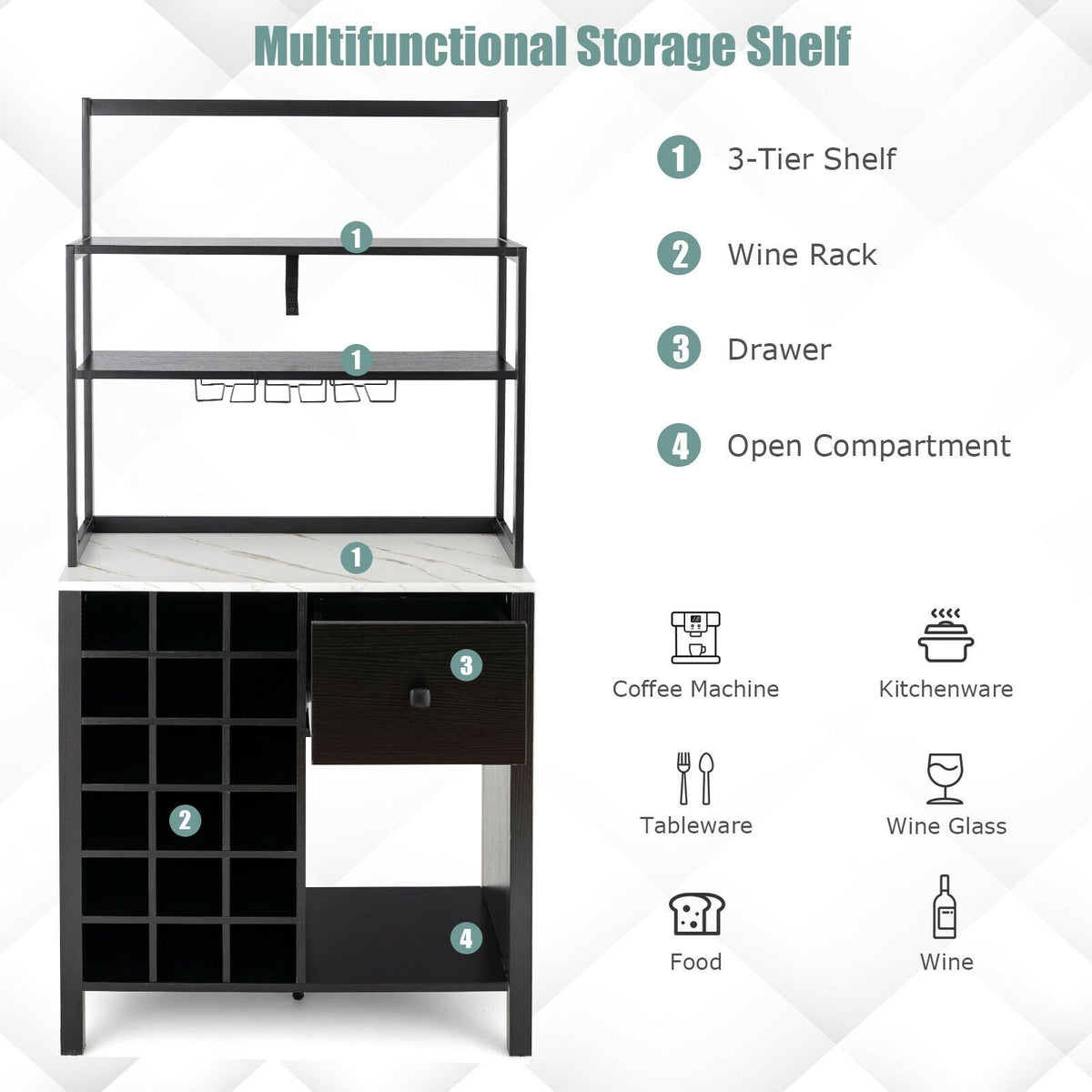 Kitchen Bakers Rack Freestanding Wine Rack Table with Glass Holder and Drawer-Black view 5