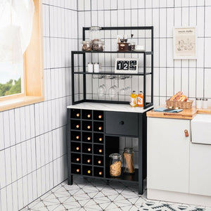Kitchen Bakers Rack Freestanding Wine Rack Table with Glass Holder and Drawer-Black view 6