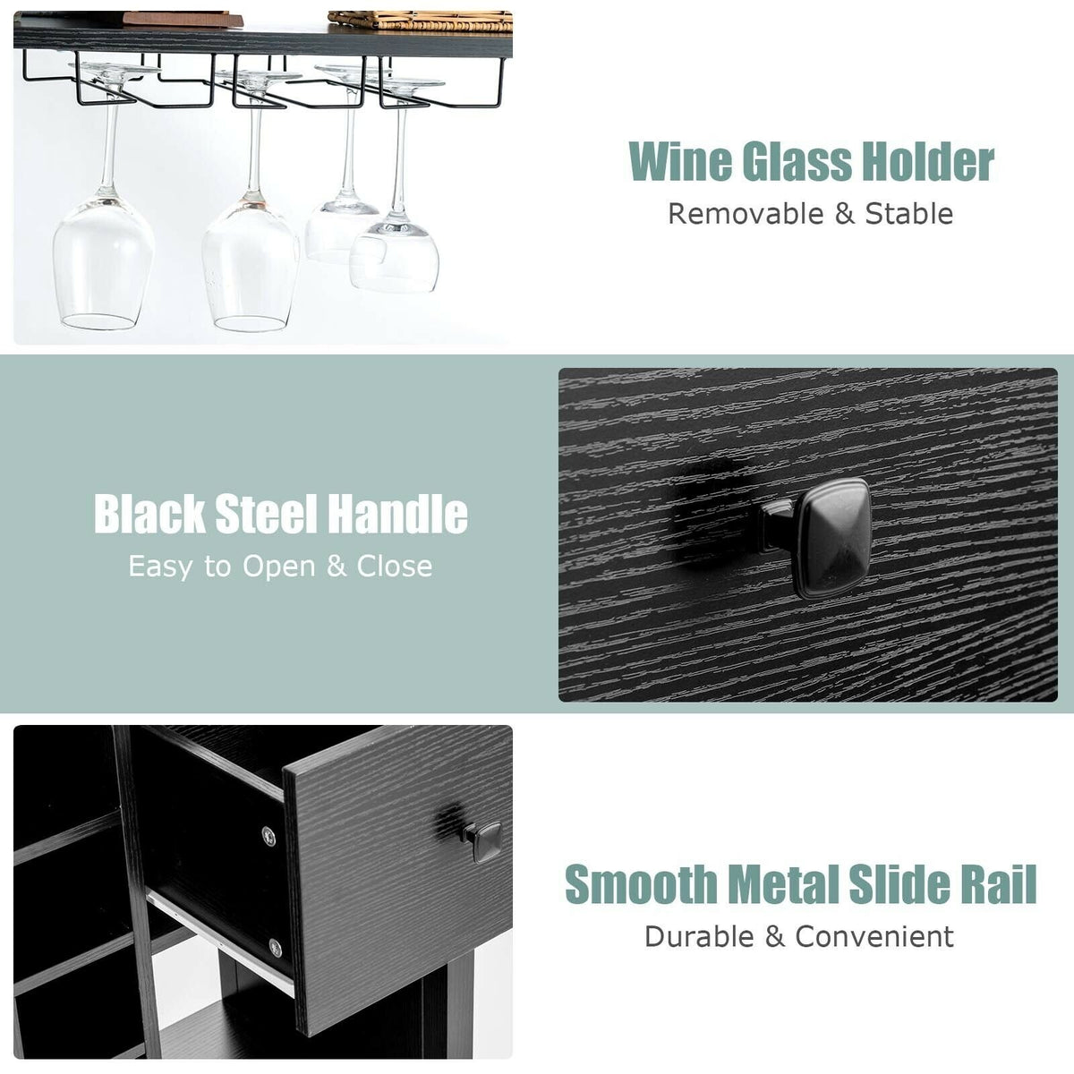 Kitchen Bakers Rack Freestanding Wine Rack Table with Glass Holder and Drawer-Black view 8