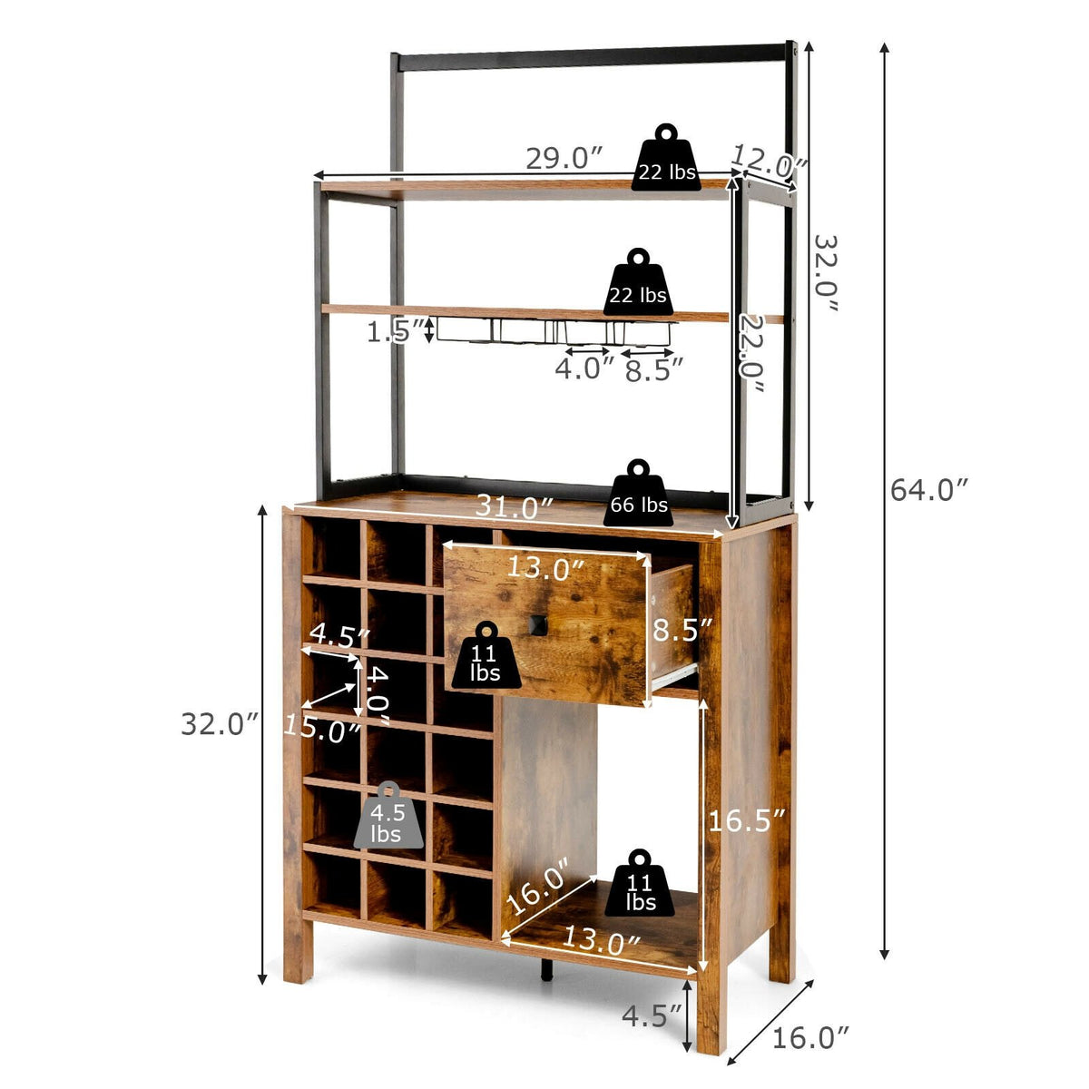 Kitchen Bakers Rack Freestanding Wine Rack Table with Glass Holder and Drawer-Rustic Brown view 4