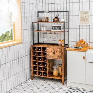 Kitchen Bakers Rack Freestanding Wine Rack Table with Glass Holder and Drawer-Rustic Brown view 6