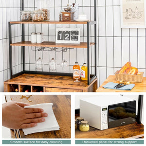 Kitchen Bakers Rack Freestanding Wine Rack Table with Glass Holder and Drawer-Rustic Brown view 7