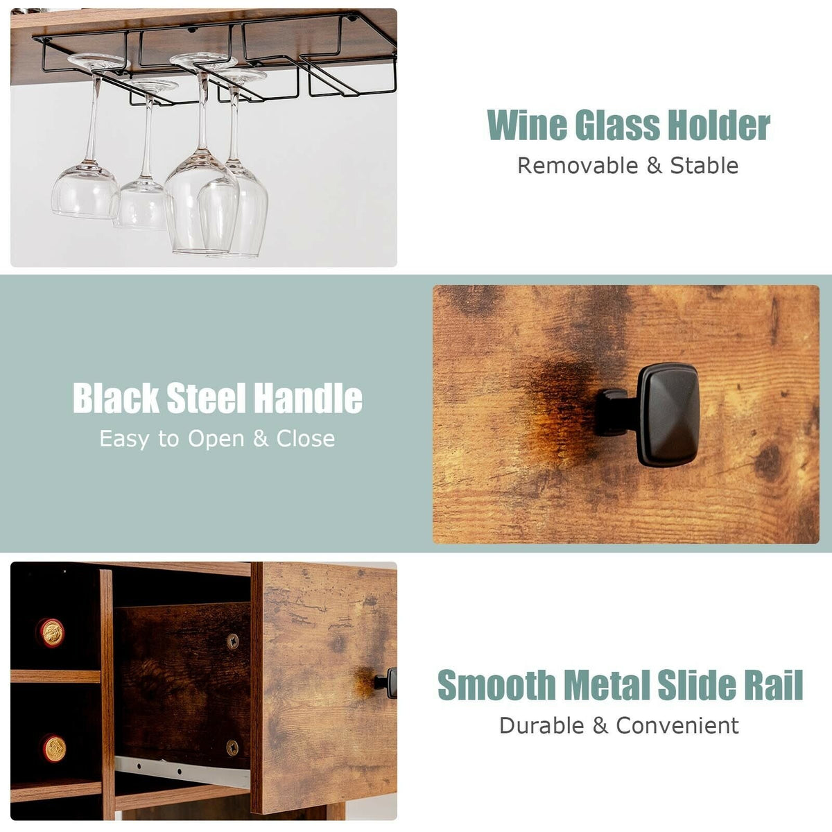 Kitchen Bakers Rack Freestanding Wine Rack Table with Glass Holder and Drawer-Rustic Brown view 8