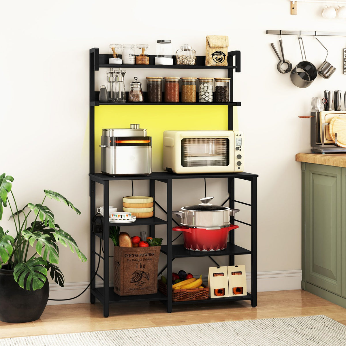 Kitchen Bakers Rack with Power Outlet 5-Tier Microwave Oven Stand with LED Lights-Black view 3
