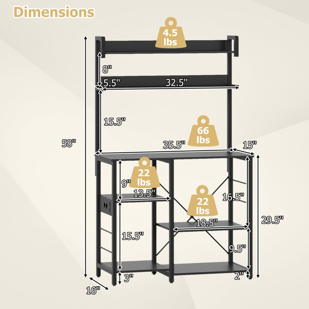 Kitchen Bakers Rack with Power Outlet 5-Tier Microwave Oven Stand with LED Lights-Black view 5