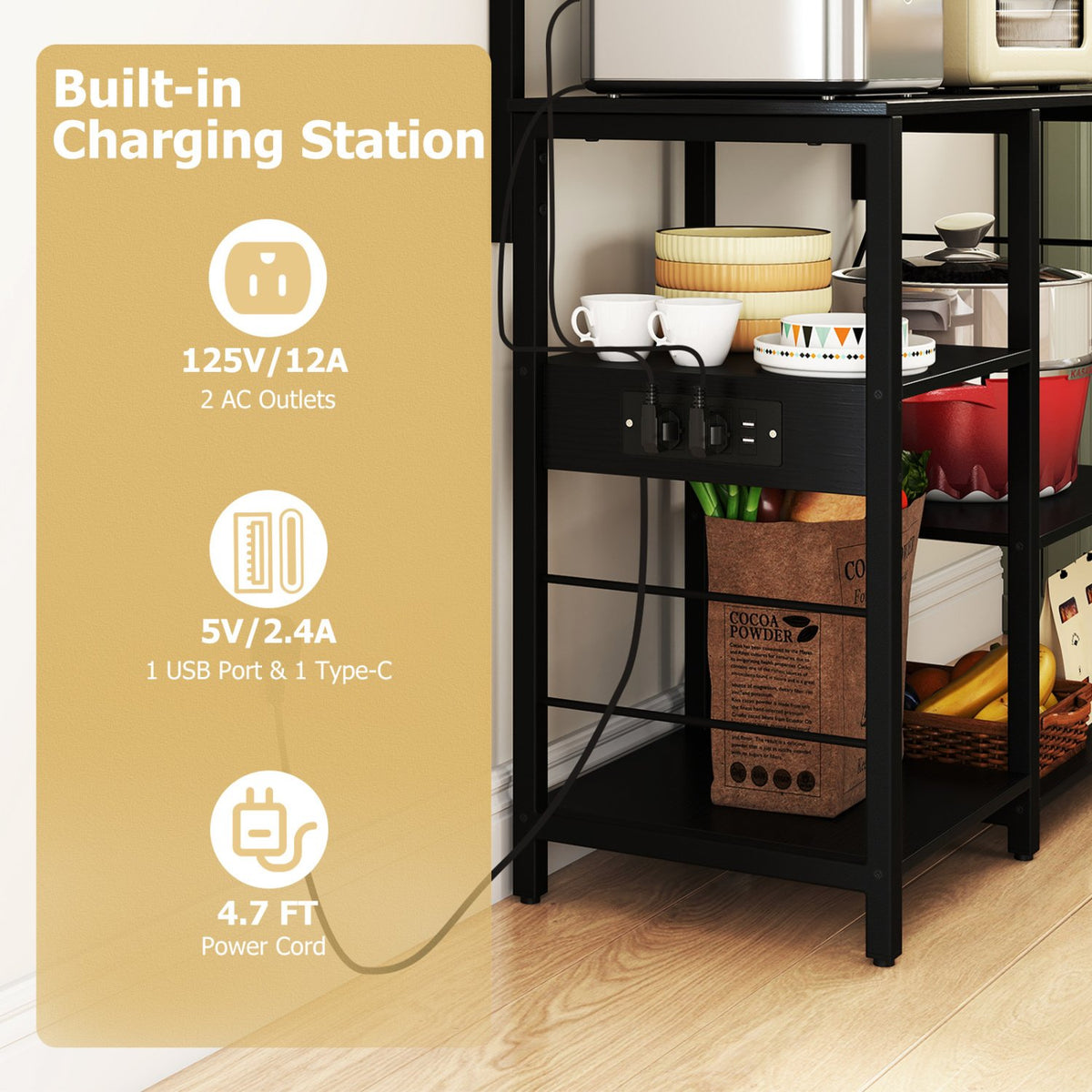 Kitchen Bakers Rack with Power Outlet 5-Tier Microwave Oven Stand with LED Lights-Black view 7