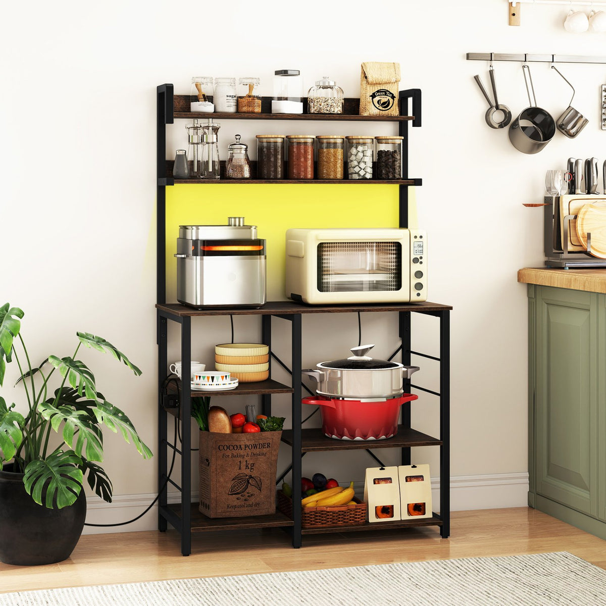 Kitchen Bakers Rack with Power Outlet 5-Tier Microwave Oven Stand with LED Lights-Rustic Brown view 2