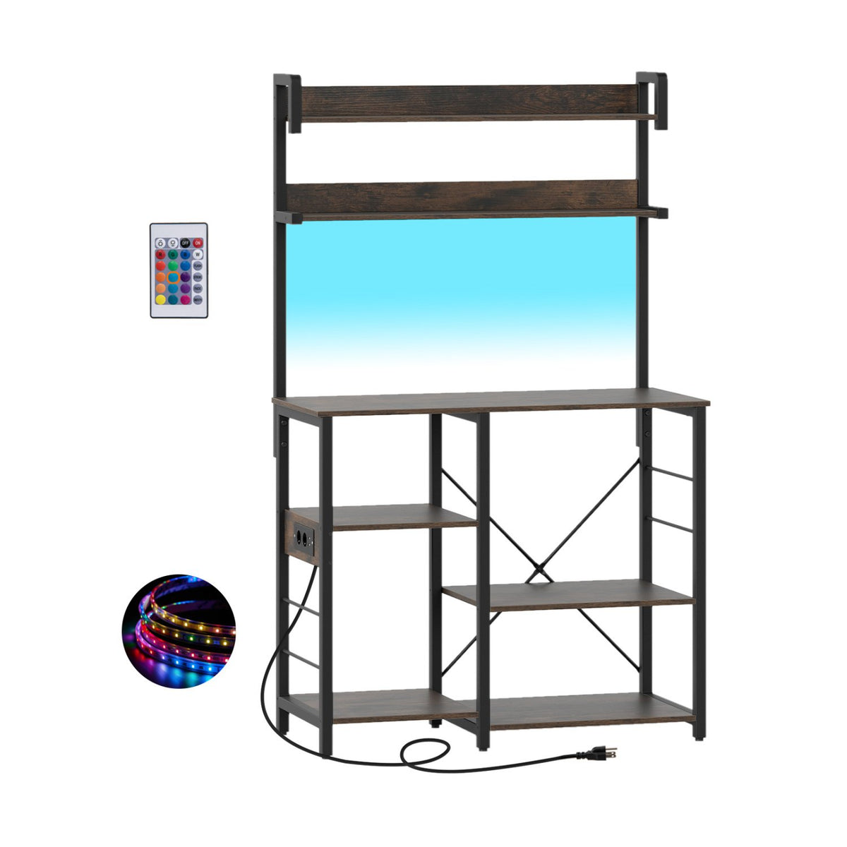 Kitchen Bakers Rack with Power Outlet 5-Tier Microwave Oven Stand with LED Lights-Rustic Brown view 4