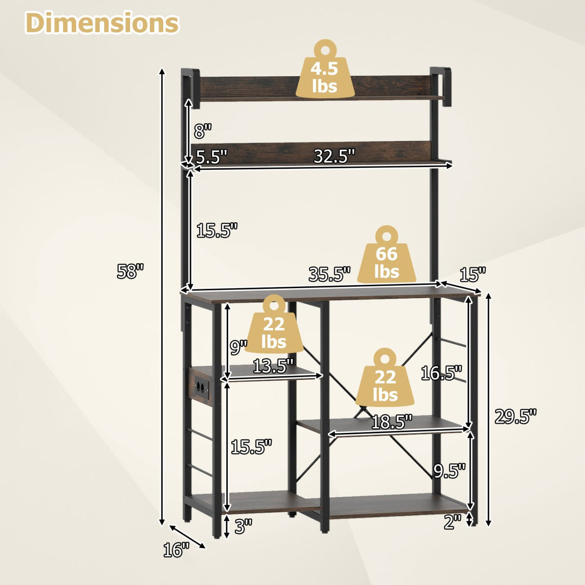 Kitchen Bakers Rack with Power Outlet 5-Tier Microwave Oven Stand with LED Lights-Rustic Brown view 5