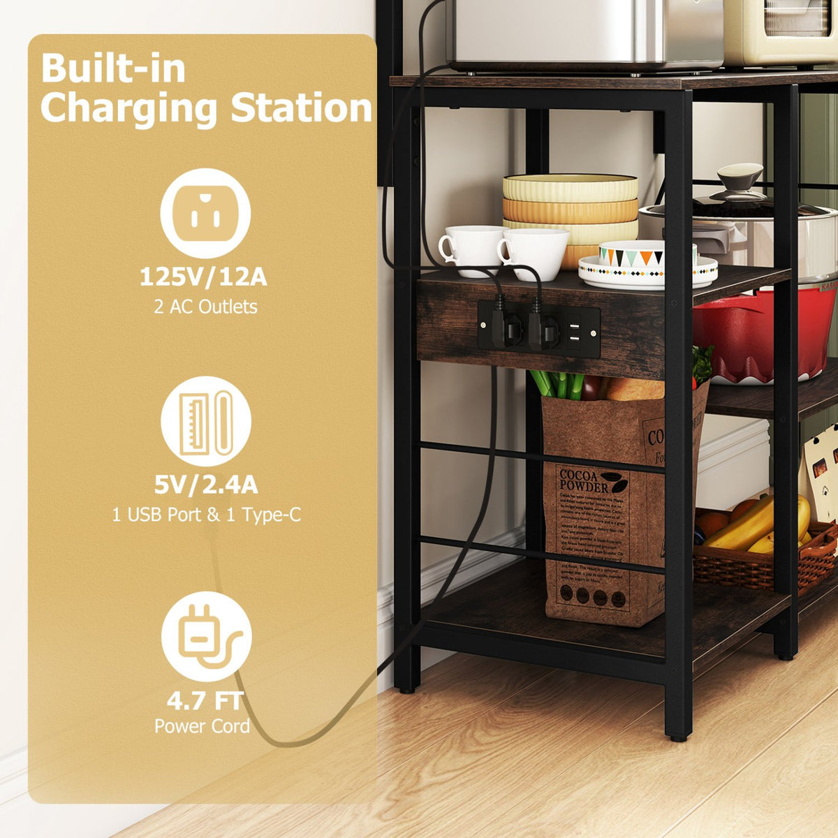 Kitchen Bakers Rack with Power Outlet 5-Tier Microwave Oven Stand with LED Lights-Rustic Brown view 7