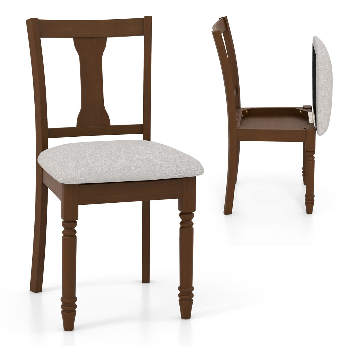 Set of 2 Kitchen Dining Chair with Linen Fabric and Storage Space-Brown