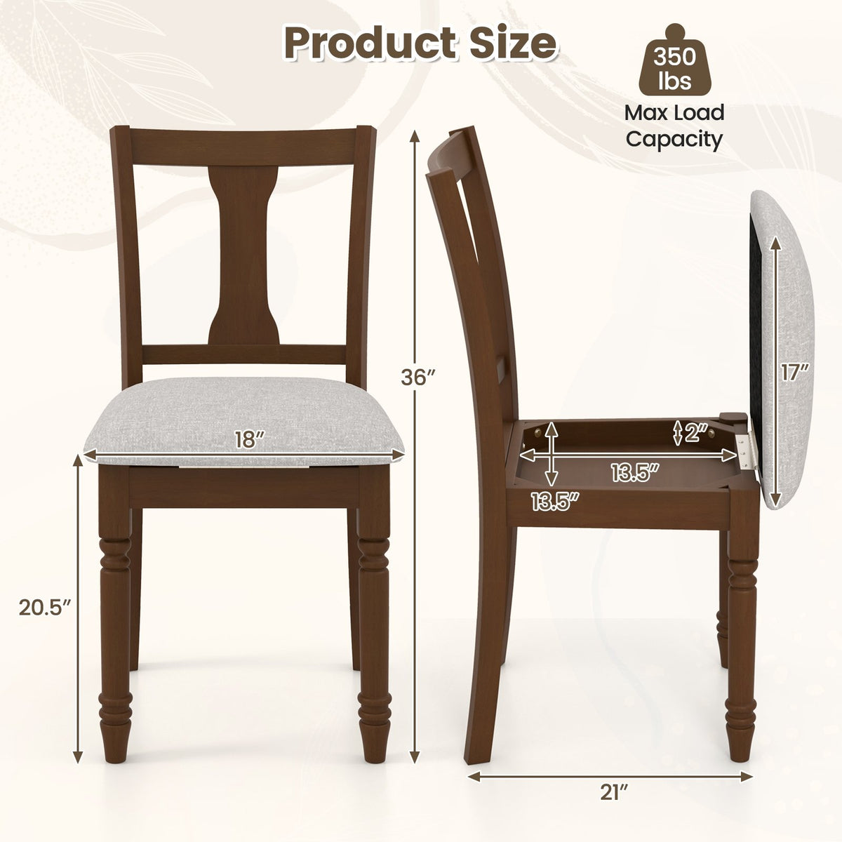 Set of 2 Kitchen Dining Chair with Linen Fabric and Storage Space-Brown view 4